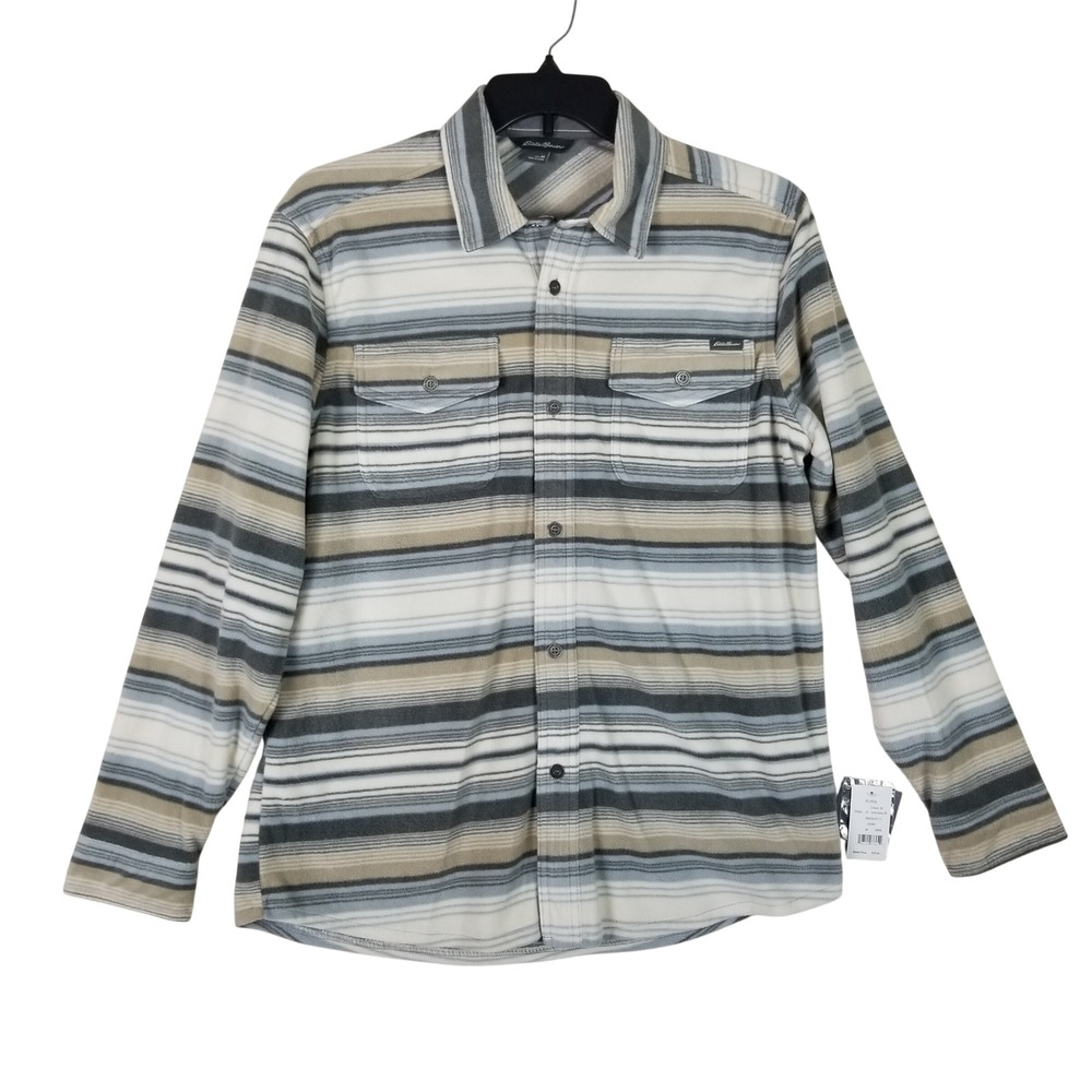 Eddie‎ Bauer Fleece Shirt Men Medium Ivory Striped Long Sleeve EM32LK111